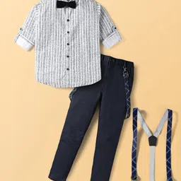 Dapper Dudes Full Sleeves Abstract Printed Shirt Pant With Bow & Suspender Set - White-picture-37