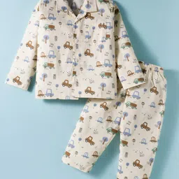 Mini Taurus Cotton Knit Full Sleeves Co-ord Night Suit with Vehicle Print - Cream-picture-22