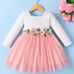 Mark & Mia Full Sleeves Party Dress With Floral Applique - Pink & White-picture-14