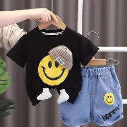 POP STREET KIDS Cotton Knit Half Sleeves Smiley Face Printed Tee With Shorts Set - Black-picture-26