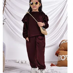 NEUDIS Velvet Knit Full Sleeves Pearls Embellished Top & Pants Set - Wine-image-4
