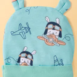 Babyoye 100% Cotton With Eco Jiva Finish Airplane Print Cap Mitten & Booties Set - Turquoise image 2