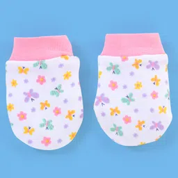 Babyhug 100% Cotton Butterfly Printed Cap Mittens & Booties Pink -  Diameter 10.5 cm image 4