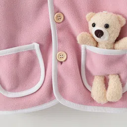 Kookie Kids Full Raglan Sleeves Solid Colour Collared Winter Jacket with Teddy Applique & Pockets - Pink image 4