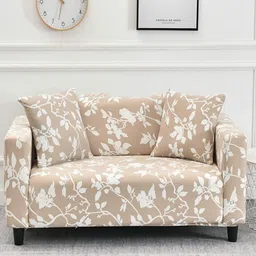 HOUSE OF QUIRK Cream-Coloured & White Printed Double Seater Polyester Sofa Cover With Arms-image-51