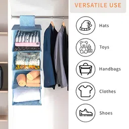 Aura Blue & White Zig Zag Printed Foldable 4 Shelf Hanging Closet Multi-Utility Organizer image 2