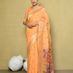 Elora Orange Cotton Embroidered Saree With Blouse-image-13
