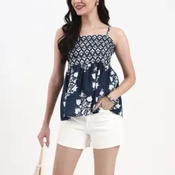Yufta Navy Blue Cotton Floral Sleeveless Regular Fit Top-image-50