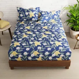 KOPA Envogue Royalblue Microfibre Floral 152 TC Double Flat Bedsheet with 2 Pillow Covers-image-20