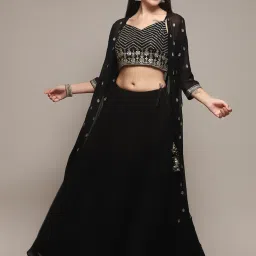 Biba Black Embroidered Crop Top Skirt Set With Cape image 5