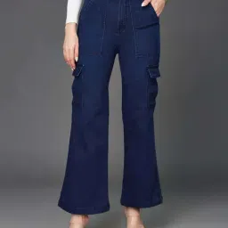 Miss Chase Navy Blue Wide Leg High Rise Clean Look Regular Length Stretchable Denim Cargo Jeans-image-97