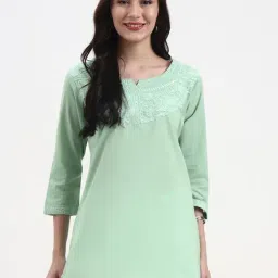 Yufta Sea Green Cotton Embroidered Three-Quarter Sleeves Regular Fit Top-image-31