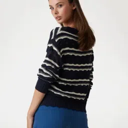 Guess Navy Blue Striped Regular Fit Sweater image 2