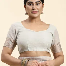 JUST FASHION Grey Linen Woven Saree With Unstitched Blouse image 5