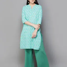 Melange by Lifestyle Aqua Cotton Floral Print Kurta-image-16