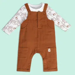 MINIKLUB Kids Brown & White Printed Full Sleeves T-Shirt with Dungaree-image-0