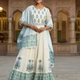 Scakhi Off White & Blue Cotton Dobby Floral Print Flared Anarkali Dress With Cotton Printed Dupatta And Belt-picture-54