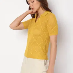 Vero Moda Mustard Self Design Polo T-Shirt image 3