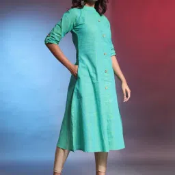 CHARUKRITI Blue Cotton Woven Pattern A Line Kurta image 3