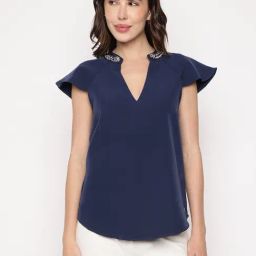 Guess Blue Embellished Mandarin Neck Mattea Top-picture-40