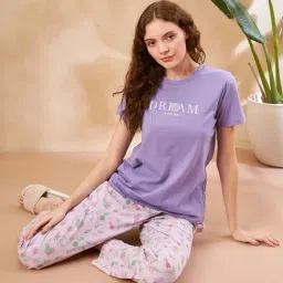 MADAME M Secret Purple Cotton Printed T-Shirt Pyjamas Set-picture-31