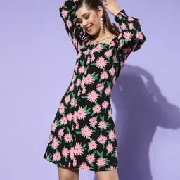 DODO & MOA Black & Pink Floral Print A Line Dress-picture-14