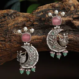 RHOSYN German Silver-Plated Artificial Stones Studded & Beaded Drop Earrings image 3