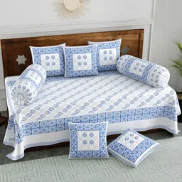 Myntra Elegant Homes 8-Pcs Blue & Grey Ethnic Motifs Printed Cotton Diwan Set-image-46
