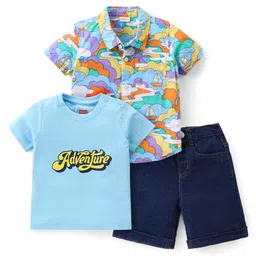 Babyhug Cotton Woven Half Sleeves Boat & Text Printed Shirt T-Shirt & Shorts Set - Navy &Blue-image-5