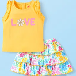 Babyhug Single Jersey Knit Sleeveless Top & Skirt Set With Floral Print - Yellow-picture-22