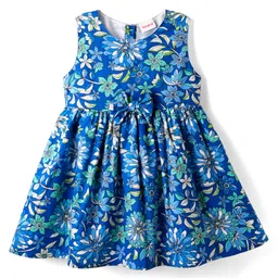 Babyhug Cotton Woven Sleeveless Frock With Floral Print & Bow Applique - Blue-picture-18