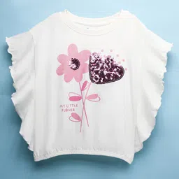 kookie kids india Kookie Kids Cotton Jersey Knit Half Drop Shoulder Sleeves Top with Hem Elastic & Sequin Heart - Offwhite-picture-10