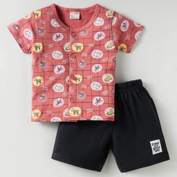 CUCUMBER Sinker Knit Half Sleeves Shorts Night Suit With Animal Print - Pink-picture-32