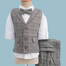 Robo Fry Cotton Woven Full Sleeves Checked Three Piece Party Suit with Bow - Grey-picture-33