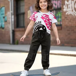 OLLINGTON ST. Cotton Half Sleeves Printed Top & Denim Pant Set with Athletic Text Print - White & Black-picture-27