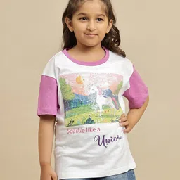 Kidsville Cotton Knit Half Sleeves Unicorn Printed Sequins Embellished Tee - White & Pink image 1