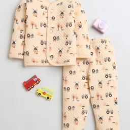 BUMZEE Knit Full Sleeves Winter Wear T-Shirt & Lounge Pant Set With Vehicle Print - Peach-picture-29