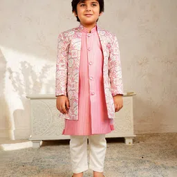 AJ Dezines Jacquard Woven Geometric Embroidered Kurta & Pyjama With Full Sleeves Sherwani Jacket Set - Pink-image-45