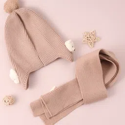 Babyhug Woollen Cap & Muffler Set with Bear Applique -Brown image 2