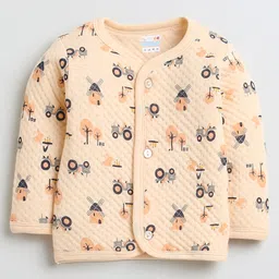 BUMZEE Knit Full Sleeves Winter Wear T-Shirt & Lounge Pant Set With Vehicle Print - Peach image 2