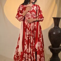 ADYASAA THE LABEL Women Floral Printed Cotton Anarkali Kurta with Trousers & Dupatta-picture-18