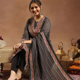 Nayam By Lakshita Women Chanderi Chevron Kurta Set with Swarovski Detailing-picture-16