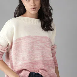 Roadster Women Off-White & Pink Self Design Pullover Sweater-image-38