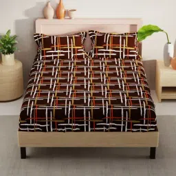 KOPA Emilea Brown Microfibre Geometric 152 TC Double Flat Bedsheet with 2 Pillow Covers image 3
