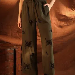 Kazo Olive Relaxed Fit Embellished Pants-image-5