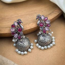 NAMAN ARTS Silver-Plated Artificial Stones And Beads Oxidised Contemporary Jhumkas-picture-41