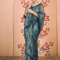 Satrani Blue Net Embroidered Saree With Unstitched Blouse image 5