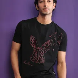 Rare Rabbit Black Slim Fit Graphic T-Shirt-image-34