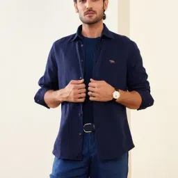 Andamen Navy Linen Slim Fit Solid Shirt-picture-11