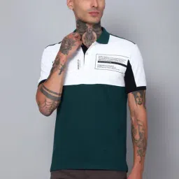 Cantabil White Cotton Regular Fit Colour Block Polo T-Shirt-image-2